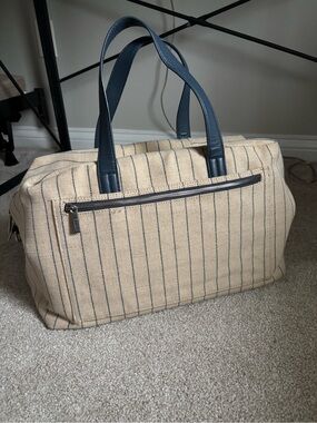 Away travel bag Canvas Weekender Tote Bag  Navy leather Handles linen everywhere